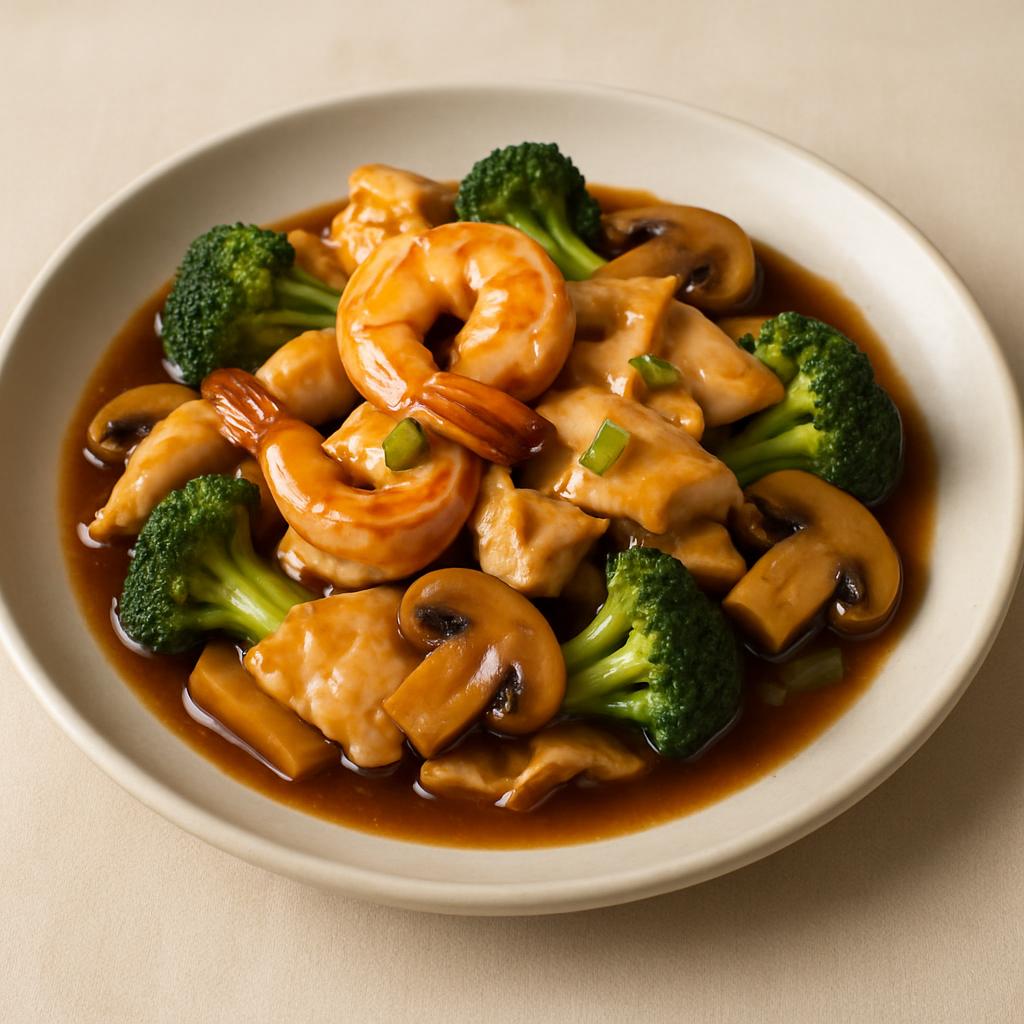 Double Happiness Jumbo shrimp, sliced chicken w. broccoli, mushroom and bamboo shoots sauteed in brown sauce. — Chung Wah Restaurant Baltimore