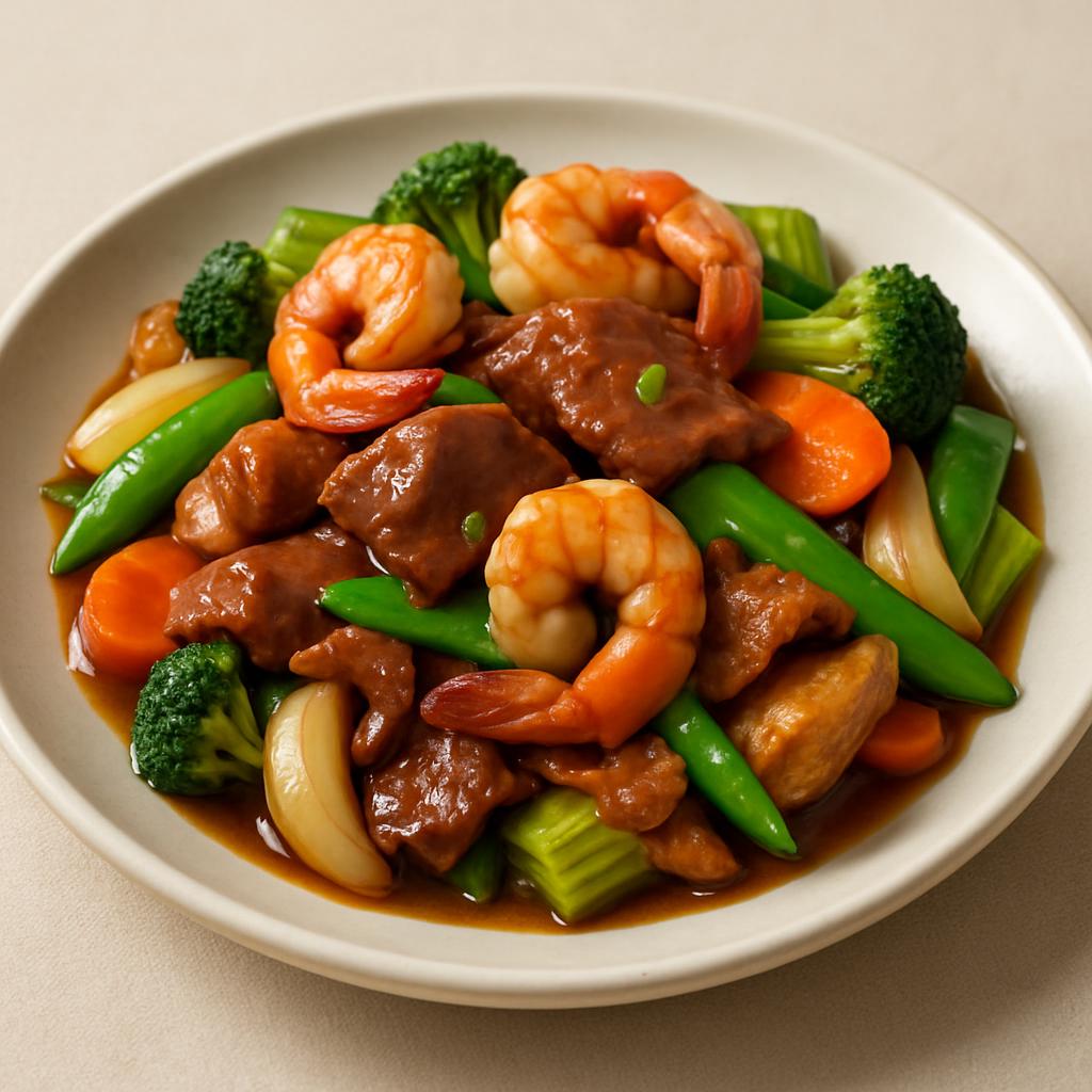 Happy Family Lobster meat, jumbo shrimp, beef & chicken assorted w. vegetables. — Chung Wah Restaurant Baltimore