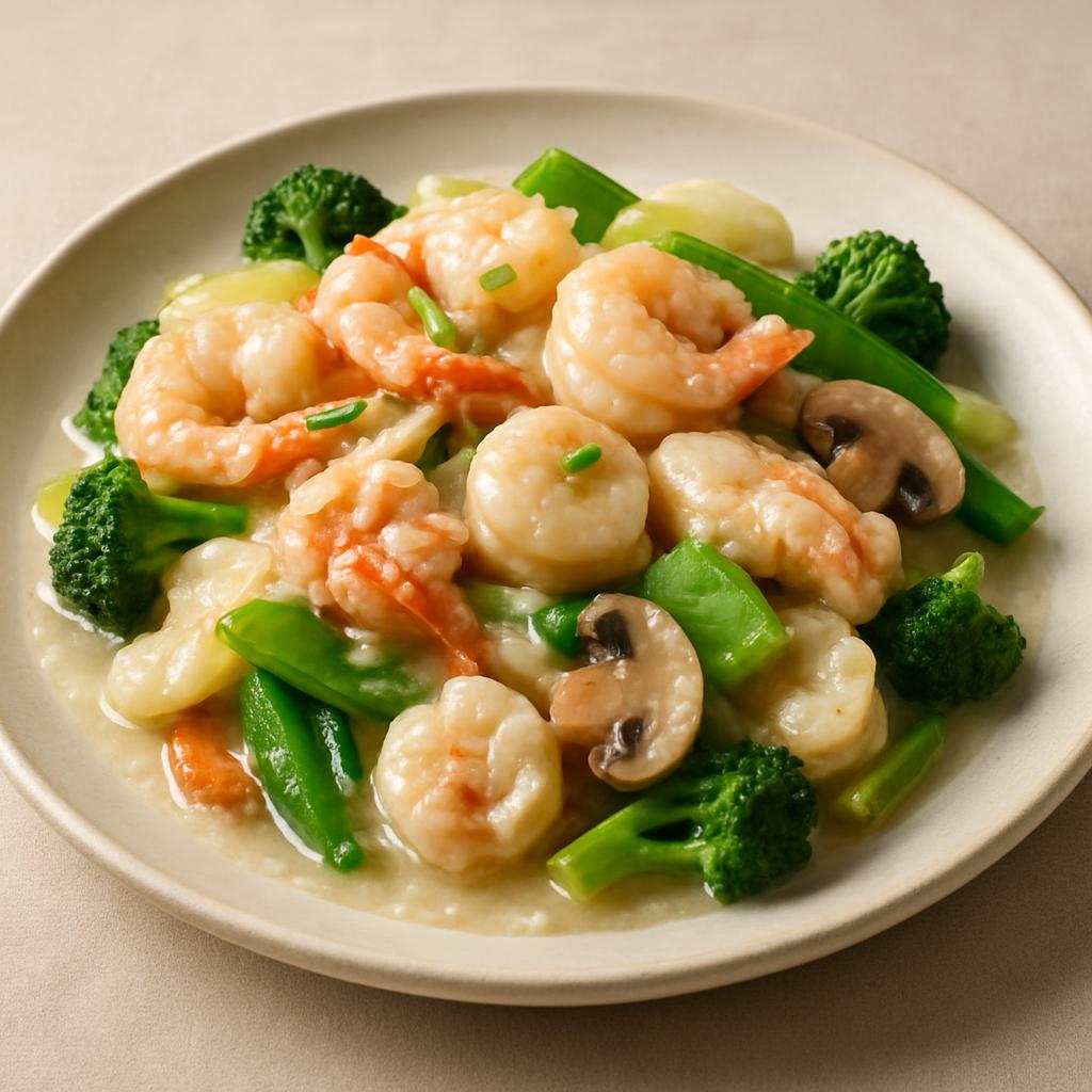 Seafood Delight Lobster meat, jumbo shrimp, scallops, king crab meat w. assorted Chinese vegetables in special white sauce. — Chung Wah Restaurant Baltimore
